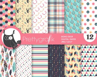 Tribal Feathers digital patterns, commercial use, tribal deer scrapbook papers, boho papers, background - PS948