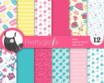 Paris digital paper, commercial use, scrapbook patterns, background chevron, gingham, stripes - PS662