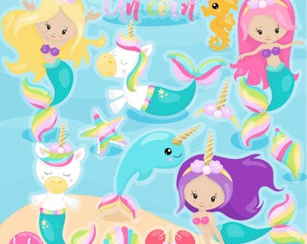 Unicorn mermaids clipart commercial use, vector graphics,  digital clip art, digital images  - CL1157