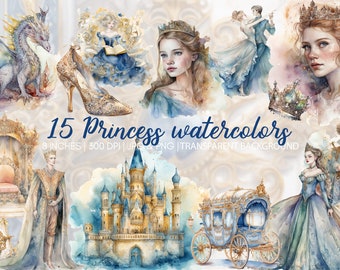 Princess clipart watercolor, png, graphics, printable, commercial use, instant download,
