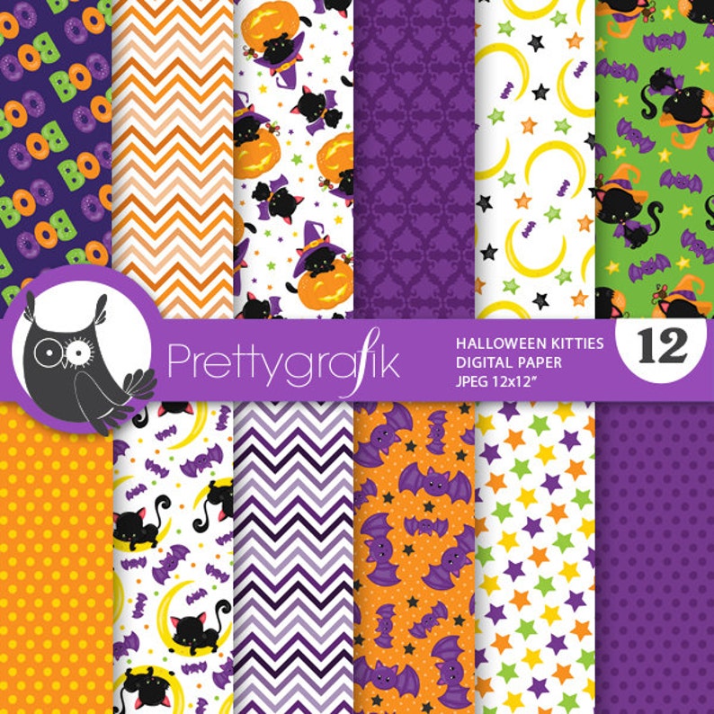 Halloween cat digital patterns, commercial use, scrapbook papers, background PS753 image 1