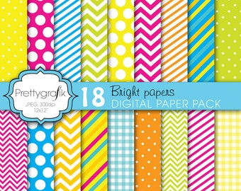 bright colors digital paper, commercial use, scrapbook patterns, background polka dots, chevron, gingham, stripes - PS616