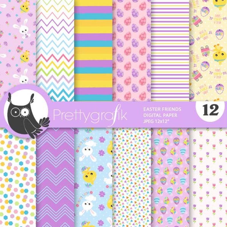 Easter friends digital paper, commercial use, scrapbook patterns, background, polka dots, stripes PS910 image 1