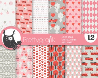 Valentine bears digital paper, commercial use, valentine scrapbook patterns, background papers - PS970