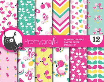 Flamingo digital patterns, commercial use, flamingo scrapbook papers, flamingo papers, background - PS846