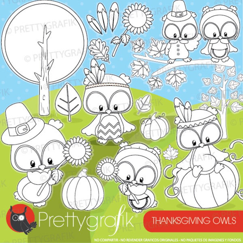 Thanksgiving owls digital stamp commercial use, vector graphics, digital stamp DS927 image 1