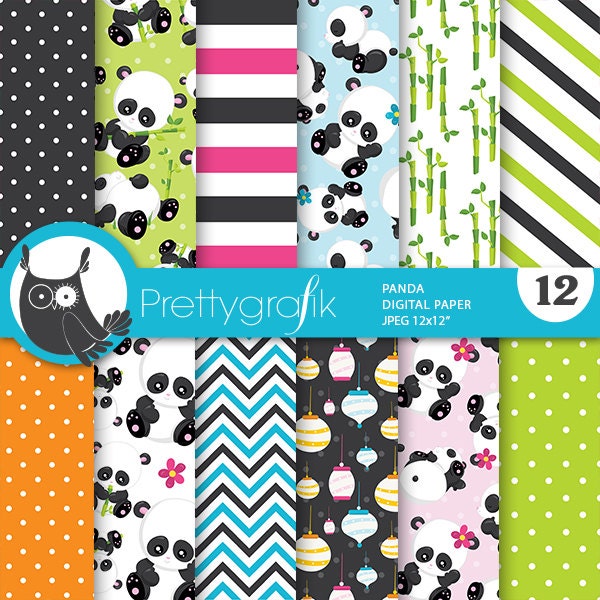 Panda digital patterns, Baby Panda commercial use, asian scrapbook papers, paper lanterns background  - PS790