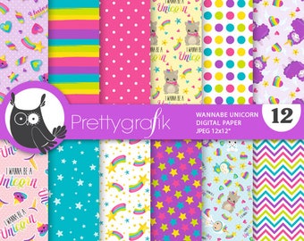 Unicorn digital paper, commercial use, wannabe scrapbook patterns, background chevron, stripes - PS856