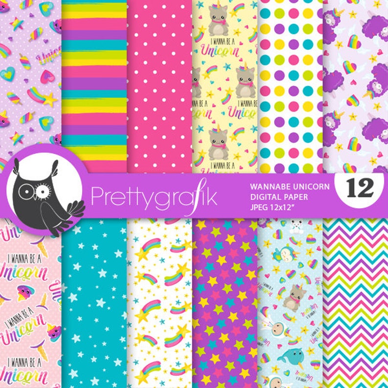 Unicorn digital paper, commercial use, wannabe scrapbook patterns, background chevron, stripes PS856 image 1