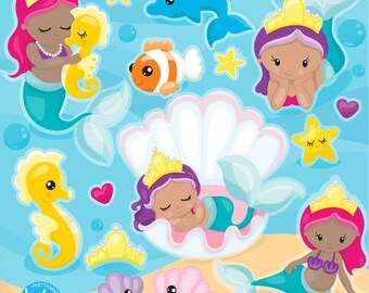 mermaid clipart commercial use, baby mermaid vector graphics, kawaii digital clip art, african american, images - CL1097