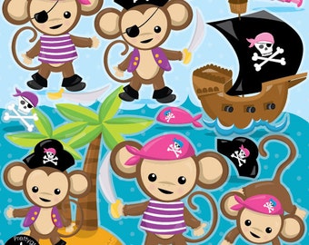 Pirate Monkey girl clipart commercial use, vector graphics, pirate digital clip art, monkey digital images - CL988