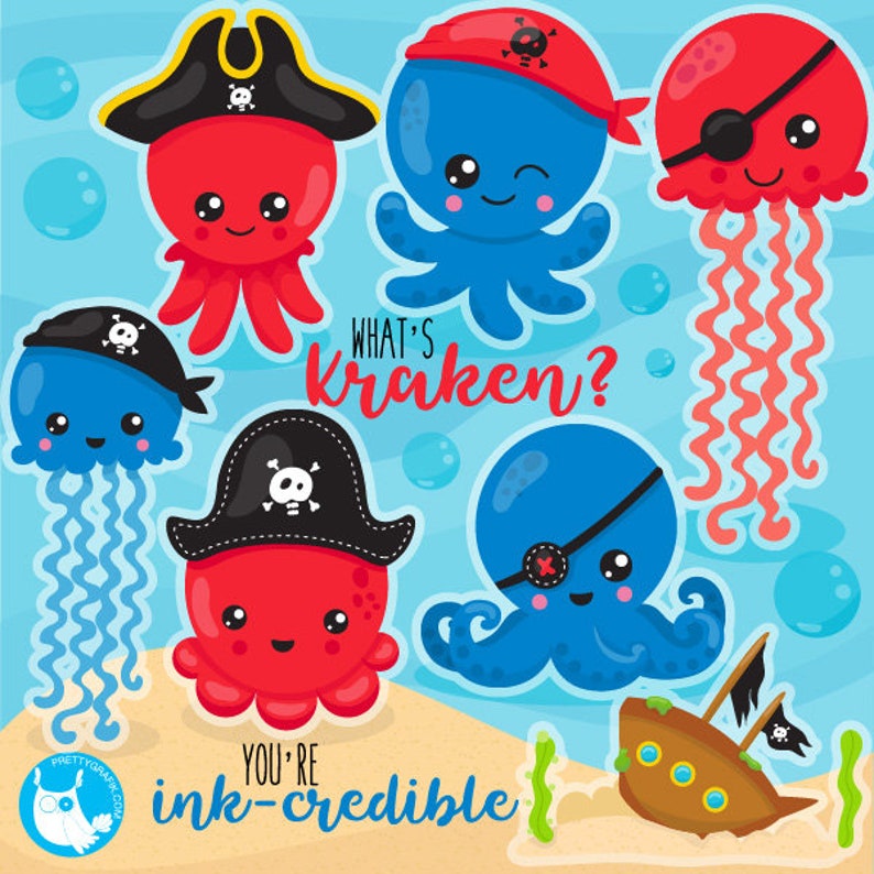 Pirate Octopus clipart commercial use, vector graphics, animals digital clip art, octopus digital images CL1074 image 1