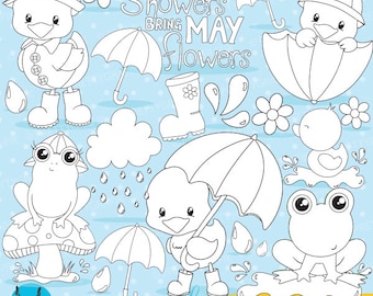 April showers clipart commercial use, duck and frog graphics, digital clip art, digital images - DS824