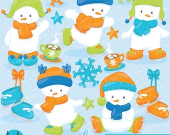 Ice skating snowmen clipart commercial use, vector graphics, digital clip art, digital images  - CL764