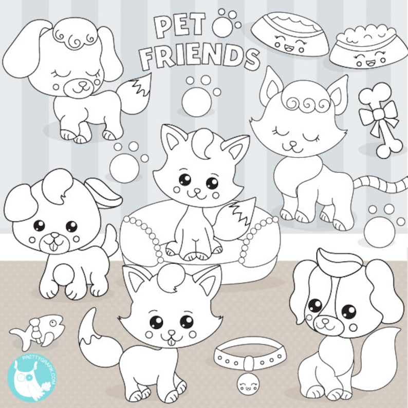 Pet friends digital stamp commercial use, black lines, vector graphics, digital stamp, digital images DS1130 image 1