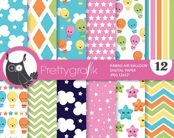 Kawaii air balloons digital paper, commercial use,  kids scrapbook patterns, background chevron, stripes - PS1002