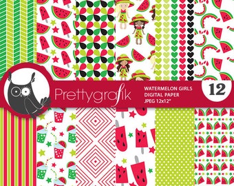 Watermelon girls digital patterns, scrapbook papers commercial use, fruit scrapbook papers, background  - PS1019