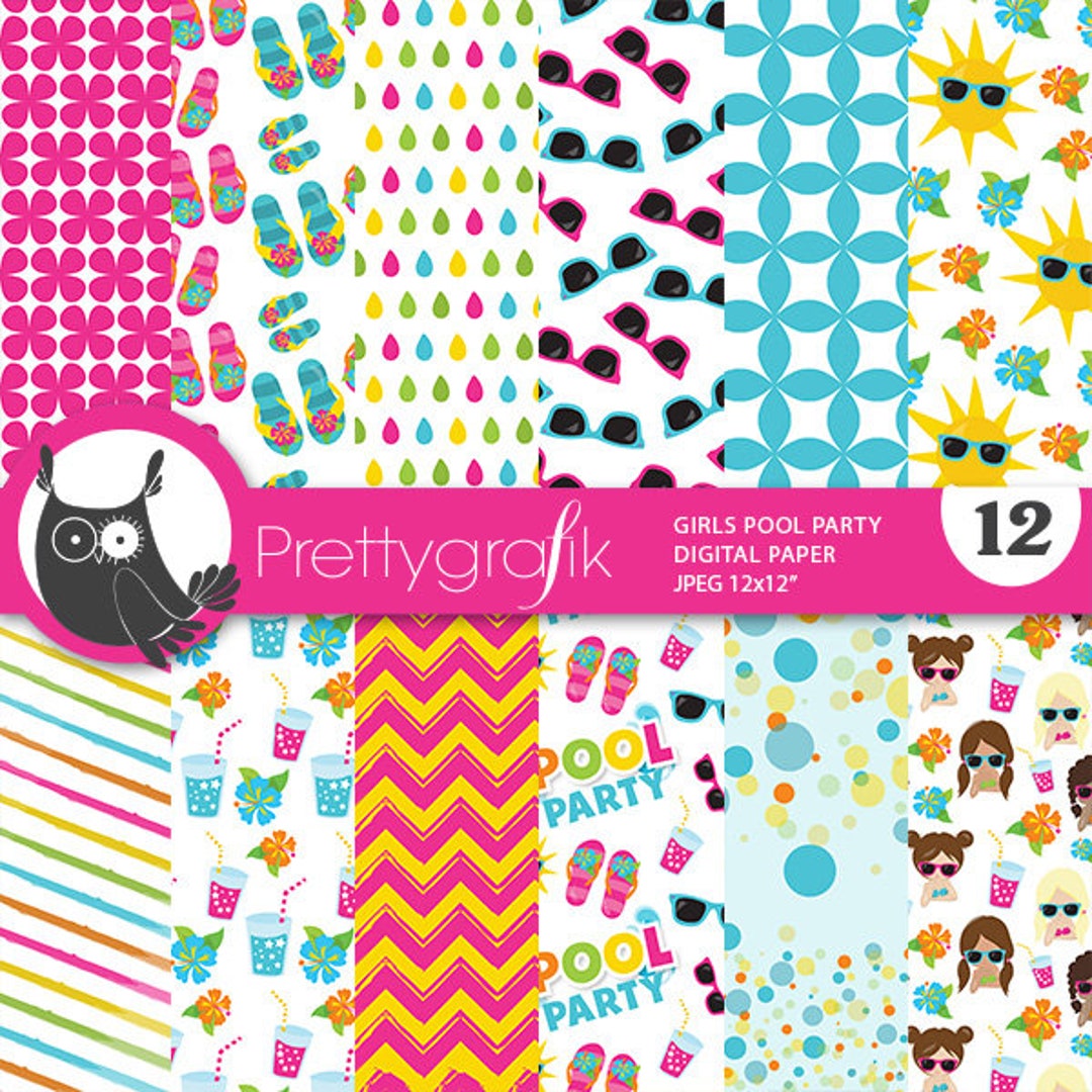 Girls Pool Party Digital Patterns, Scrapbook Papers Commercial Use ...