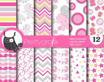 Pink elephant digital patterns, baby shower commercial use, elephant scrapbook papers, baby room background  - PS807