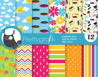 Jumping kids digital paper, commercial use,  kids scrapbook patterns, background chevron, stripes - PS1001