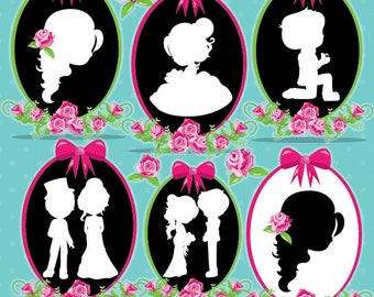 Wedding silhouette clipart wedding frames commercial use, roses vector graphics, digital clip art, flower images  - CL955