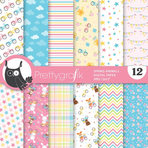 BUY20GET10 - 80% 0FF SALE Spring animals digital paper, commercial use, scrapbook papers, background, chevron, stars - PS909 Il_570xn