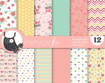 mother's day digital paper, commercial use,  mom scrapbook patterns, background chevron, stripes - PS858