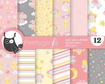 Baby girl Elephant,  patterns, commercial use, scrapbook papers, background - PS1090