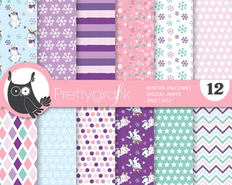 Snow Unicorn digital paper, commercial use, scrapbook patterns, background  - PS1060