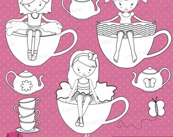 tea girls digital stamp commercial use, vector graphics, digital stamp, digital images - DS515