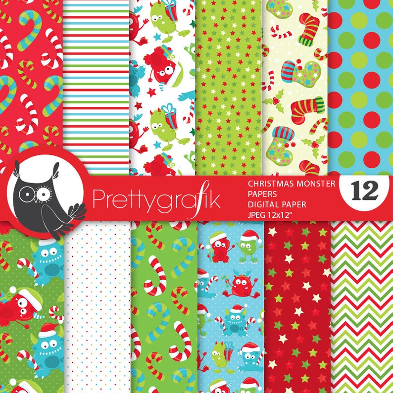 Christmas monsters digital paper, commercial use, scrapbook papers, background chevron, christmas PS665 image 1