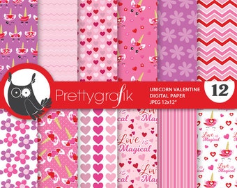 Valentine unicorns digital paper, commercial use, valentine scrapbook patterns, background papers - PS975