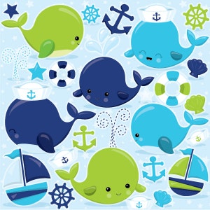 Nautical Whales clipart commercial use, blue whale vector graphics, nautical digital clip art, digital images CL970 image 1