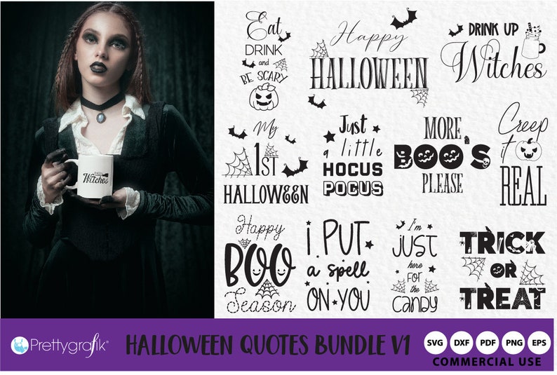 Citations d'Halloween Bunde SVG Vol. 1, Fichiers SVG, DXF, utilisation commerciale clipart, clipart, graphiques vectoriels, images numériques, fichiers de coupe image 1