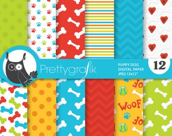 Puppy dog digital patterns, commercial use, scrapbook papers, background, bones, paws - PS700