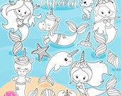 Mermaid unicorn digital stamp commercial use, black lines, vector graphics, digital stamp, digital images - DS1157 Il_170x135