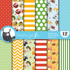 Woodland animals digital paper, commercial use, scrapbook patterns, background chevron, gingham, stripes PS695 image 1