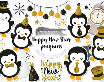 Happy New Year Penguin, clipart, clipart commercial use,  vector graphics,  clip art, digital images - CL1669