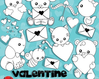 Valentine Animals digital stamp commercial use, vector graphics, digital stamp, digital images, Valentine clipart - DS939