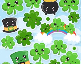 St-Patrick's kawaii shamrocks clipart commercial use, vector graphics, digital clip art, digital images  - CL1221