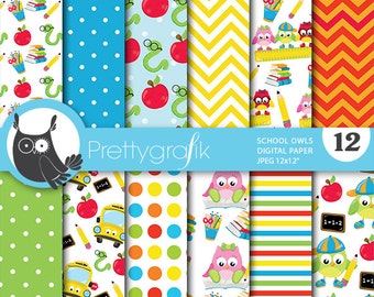 School owls digital paper, commercial use, scrapbook patterns, background chevron, stripes - PS744