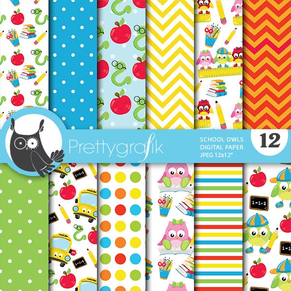 School owls digital paper, commercial use, scrapbook patterns, background chevron, stripes - PS744