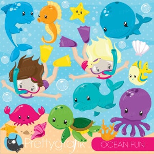Snorkeling Kinder Mädchen Clipart, Tauchen kommerzielle Nutzung, Strand Vektorgrafiken, Ozean digitale ClipArt, CL872