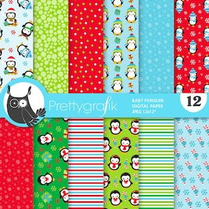 Christmas penguins digital paper, commercial use, scrapbook patterns, background chevron, Christmas, snowman - PS895