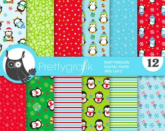 Christmas penguins digital paper, commercial use, scrapbook patterns, background chevron, Christmas, snowman - PS895