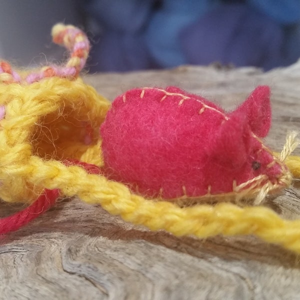 Pink Felt Mouse in yellow pouch All pure wool Handmade in Australia Ready to Ship