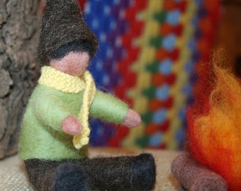 Fireside Gnome & Log Fire Winter Nature Table Needle Felted Ready to Ship
