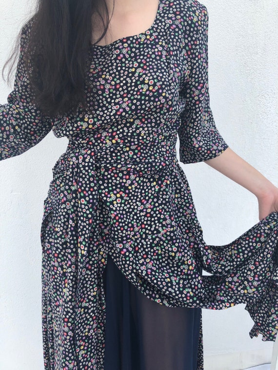 Vintage 1980s Flutter Sleeve Floral Dress, 80s Wra