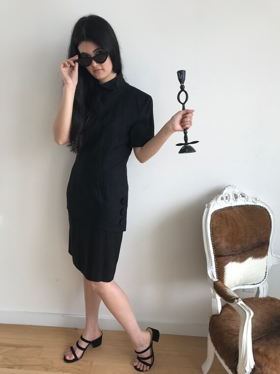 Vintage 80s 90s Black Linen Mock Neck Dress