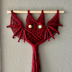 May include: A red macrame bat wall hanging with wooden bead eyes. The bat has a long tassel hanging from the bottom.